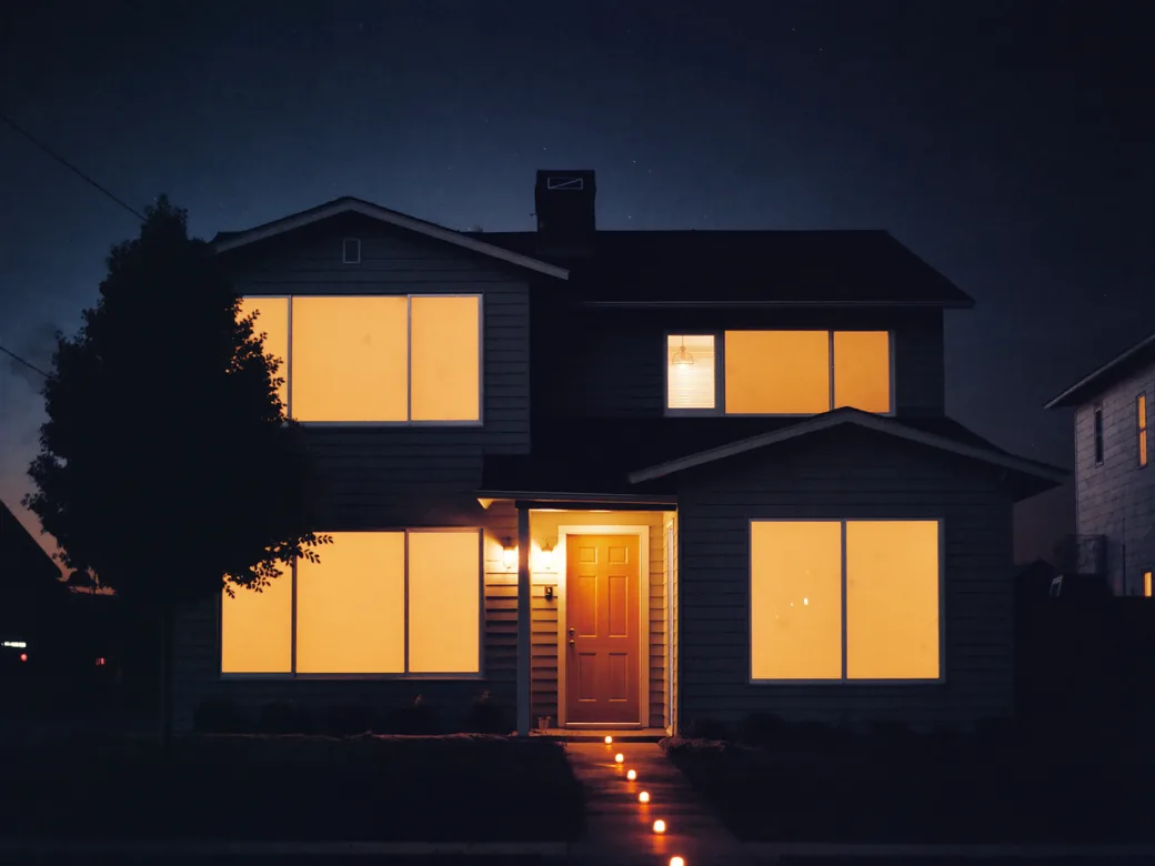 A Kansas City area home at dusk with warm lit windows, a glowing porch light, and amber path lighting