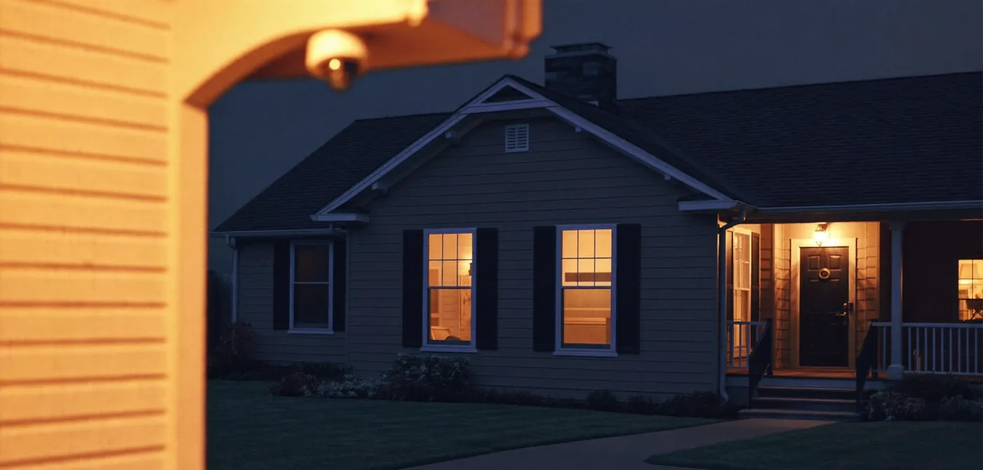 A discreet security camera under a soffit watching over a Kansas City home at dusk, windows glowing warm