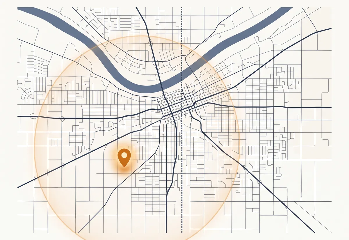 Stylized map of the Kansas City metro with an amber pin on Olathe and a service radius covering both sides of the state line